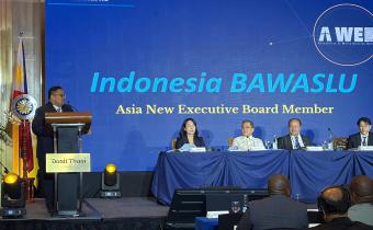 Ketua Bawaslu Rahmat Bagja saat hadir dalam rangkaian 7th A-WEB General Assembly yang diselenggarakan di Manila, Filipina, Rabu (14/10/2026).